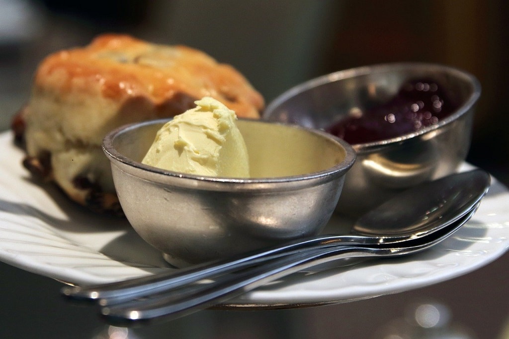 clotted cream, jam, and scone