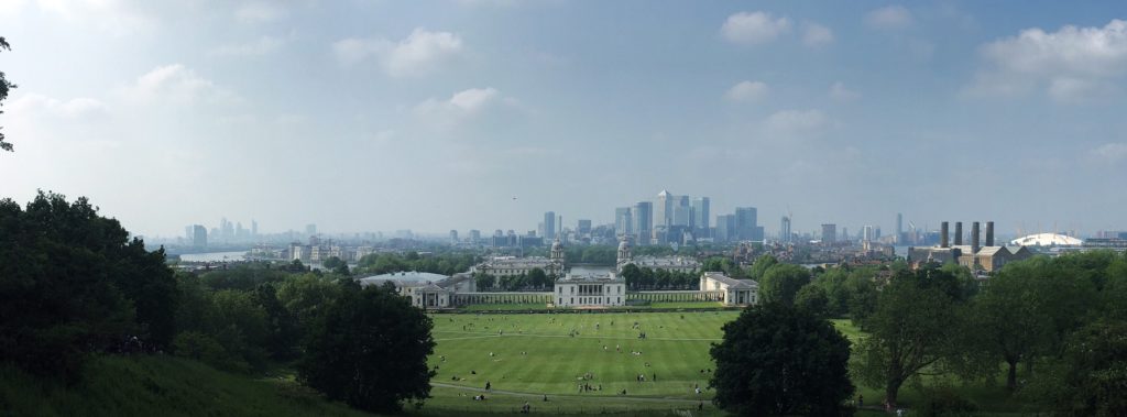 View from the hill by the Royal Greenwich Observatory. You can see the Queen's House, Canary Wharf, and the O2 (to the right).