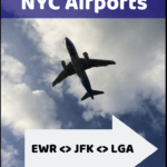 airplane in the sky with text overlay "how to transfer between NYC airports - EWRJFKLGA"