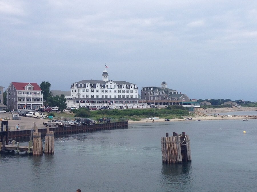 The National Hotel, where we stayed is the white building in the middle. - "Block Island Ferry and Travel Guide" - Two Traveling Texans