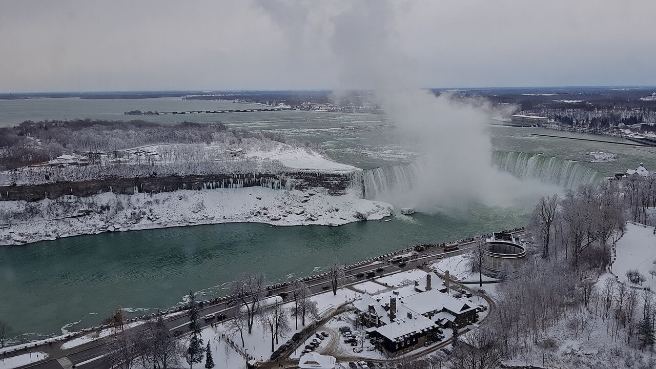 aerial view of Niagara Falls in winter