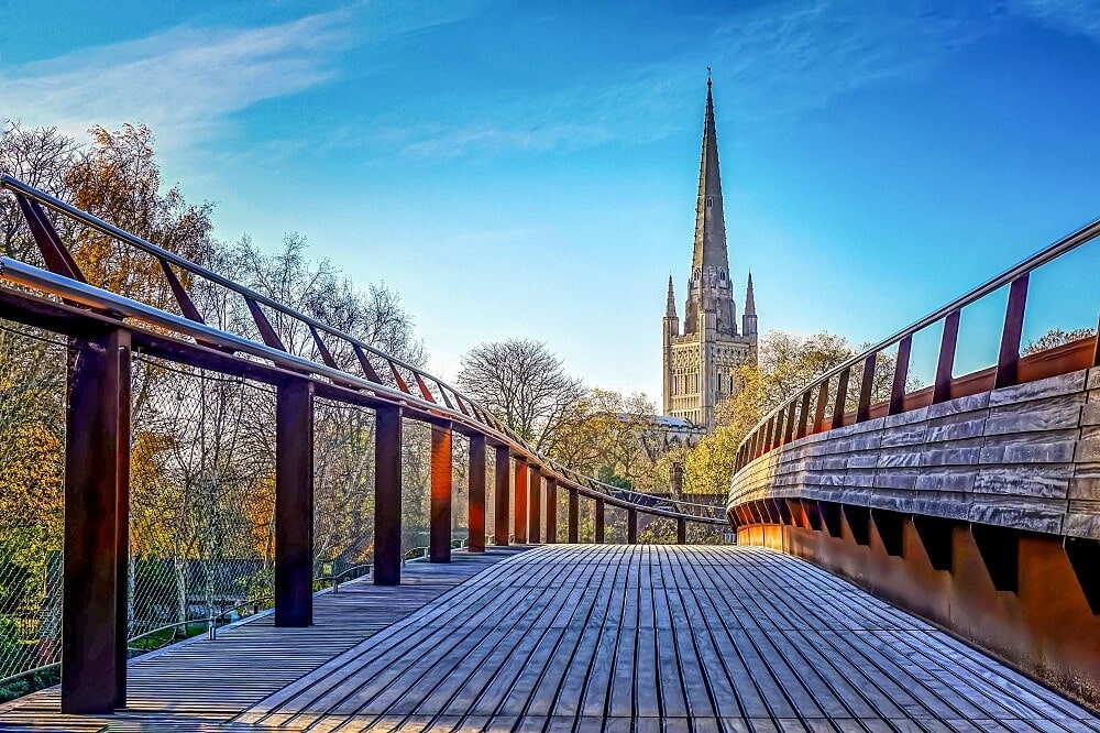 view of the Norwich Cathedral from the Jarrold Bridge