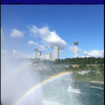 niagara falls with a rainbow with text overlay "the best places to stay in niagara falls"