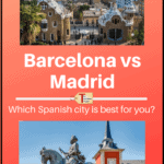 picture of park guell and plaza mayor with text overlay Barcelona vs. Madrid which Spanish city is best for you