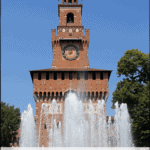 castle and fountain with text overlay "romantic things to do in Milan Italy"