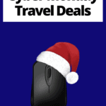 computer mouse with santa hat and text overlay "black friday and cyber monday travel deals"