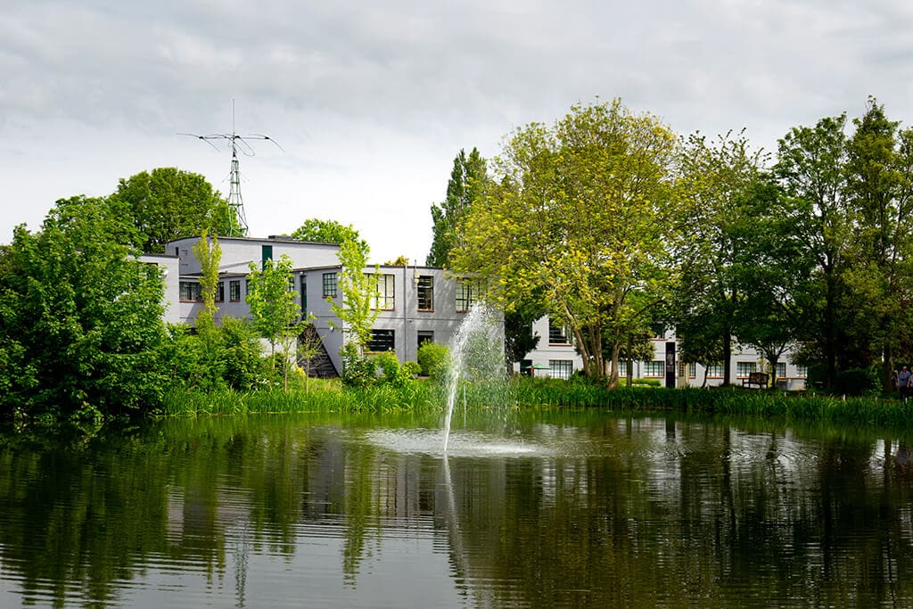 lake at bletchley park with buildings