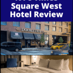 doubletree nyc times square west hotel review pin with picture of exterior and picture of hotel room