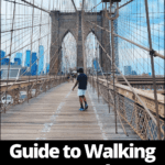 brooklyn bridge with man walking across and text overlay that says "guide to walking across the Brooklyn Bridge"