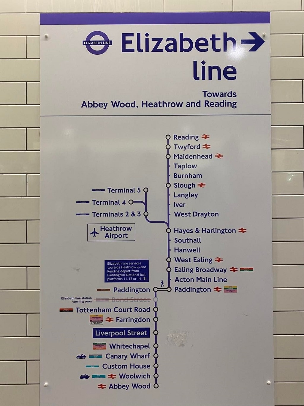 sign showing stops on the elizabeth line in london