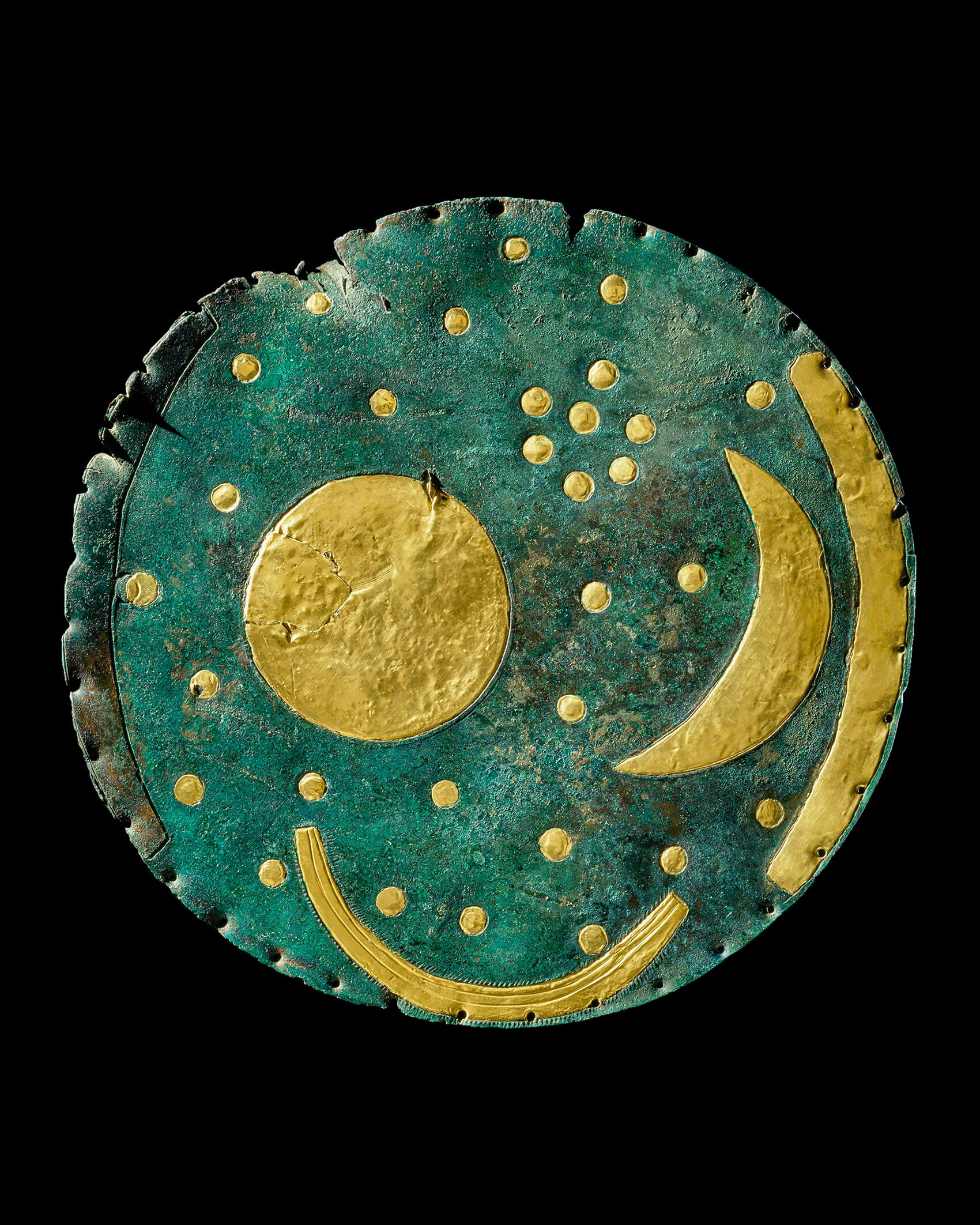 Nebra Sky Disc, Germany, about 1600 BC. Photo courtesy of the State Office for Heritage Management and Archaeology Saxony-Anhalt, Juraj Lipták