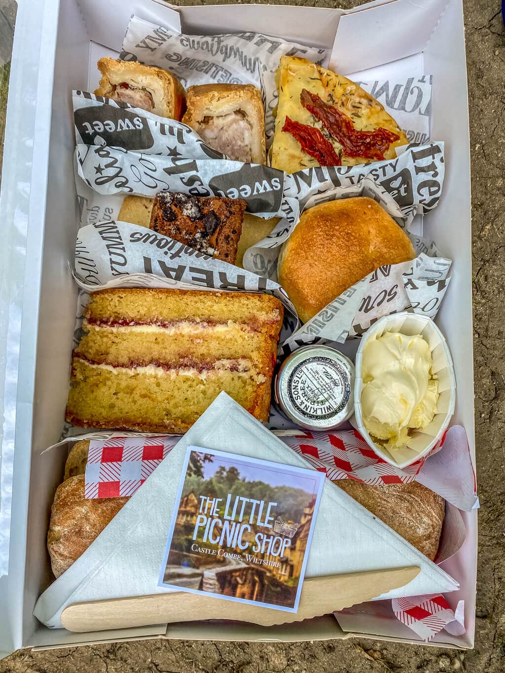 pork pies, spanish tortilla, cake, clotted cream, sandwich in the afternoon tea picnic box