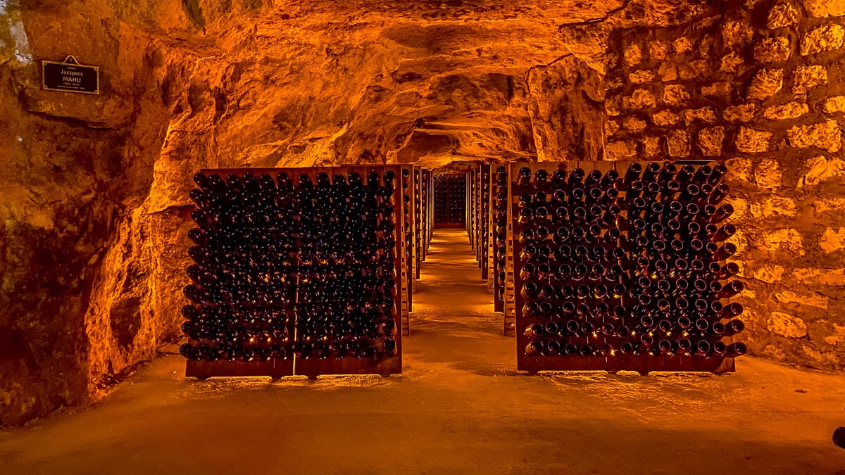 many bottles of champagne stored in the medieval cellar of champagne pannier in aisne