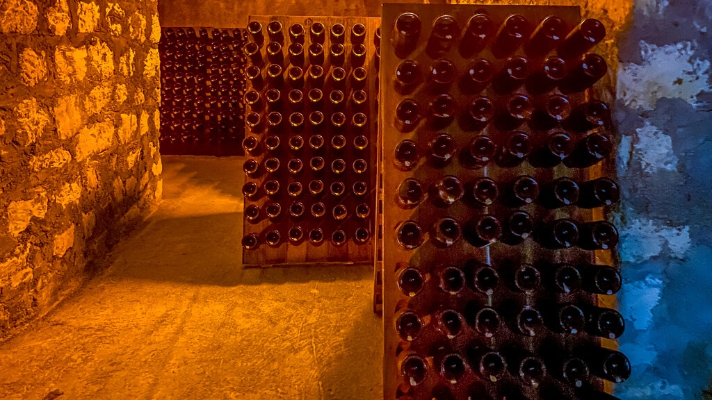 bottles inverted as part of the champagne making process