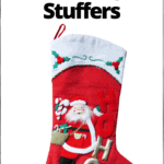 text "Best travel stocking stuffers" with picture of a christmas stocking with santa on it