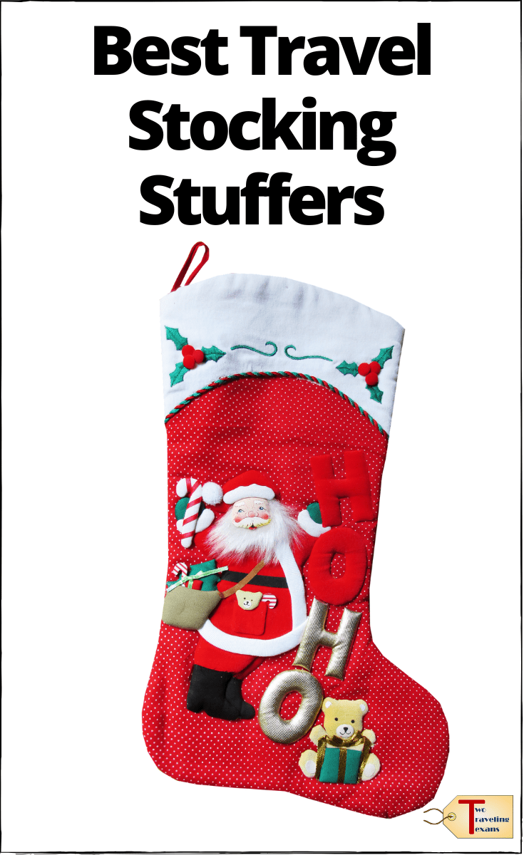 text "Best travel stocking stuffers" with picture of a christmas stocking with santa on it