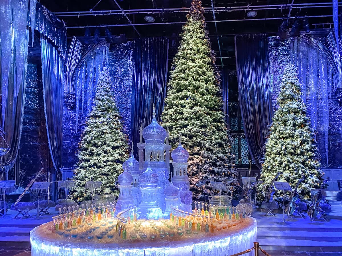 ice sculpture and christmas trees