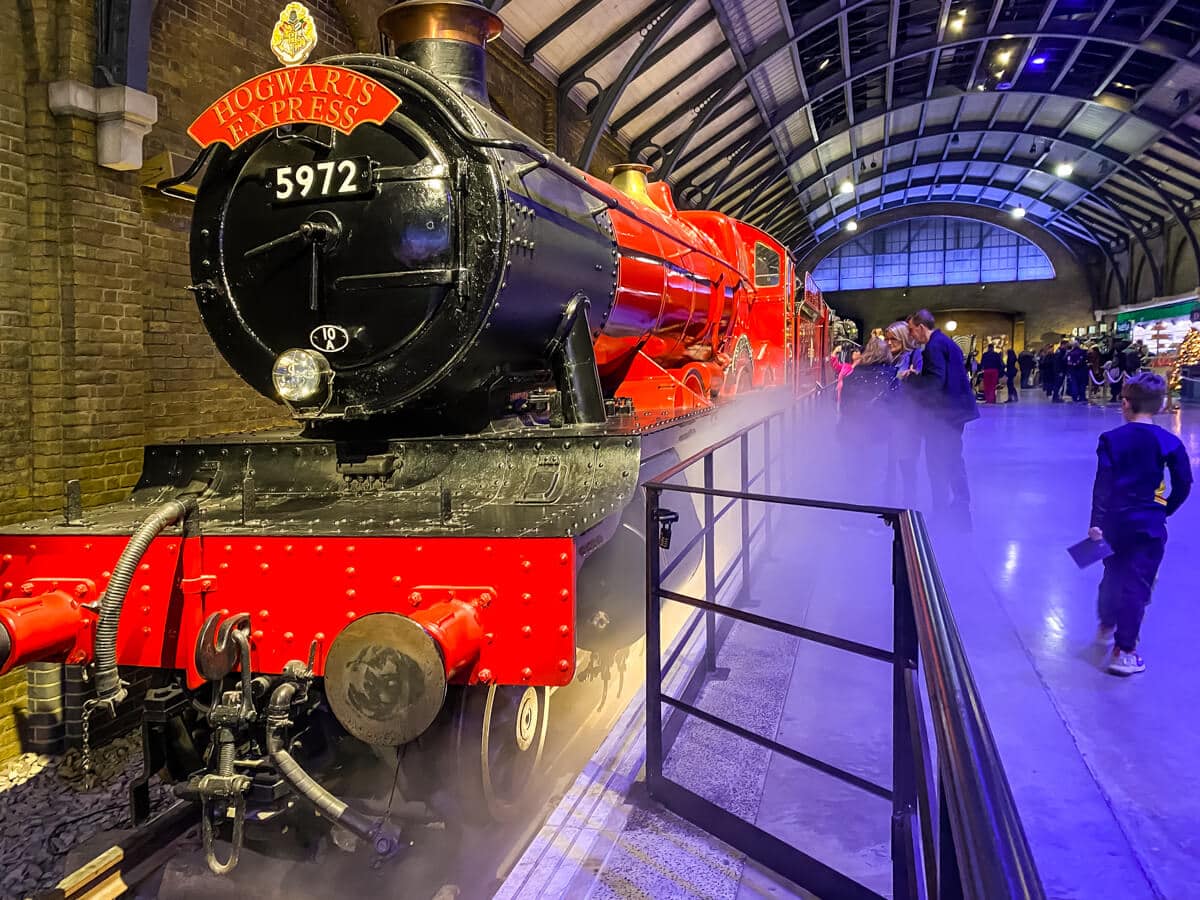 The Hogwarts Express at the platform at Harry Potter Studios