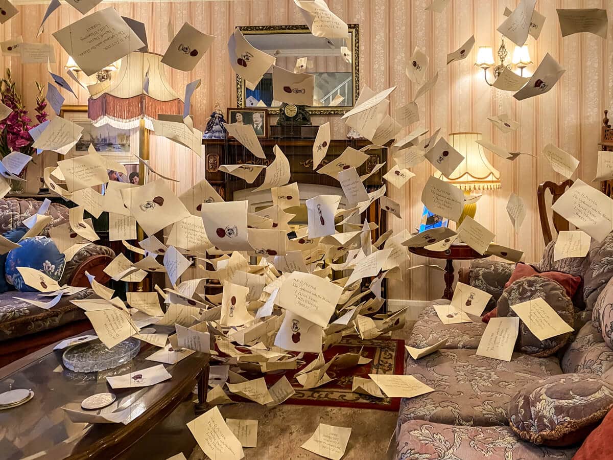 letters flying around everywhere inside the living room at 4 privet drive
