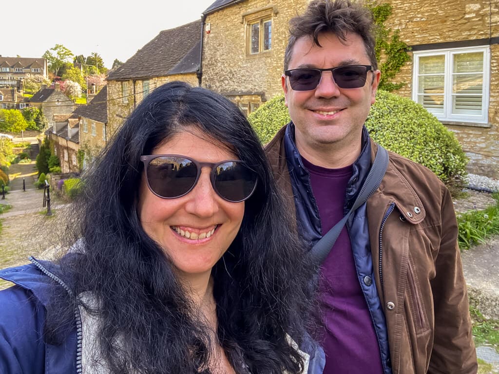 selfie of Anisa and Russell at the chipping steps in Tetbury