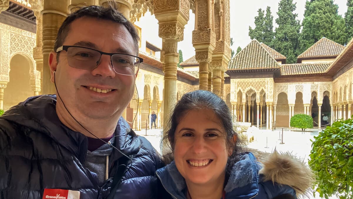 selfie of Russell and Anisa in the palace of the lions at the Alhambra