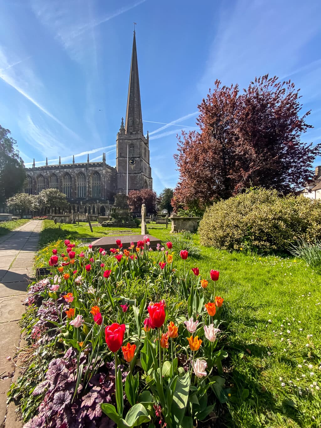 exterior shot of tetbury church with flowers in the foreground