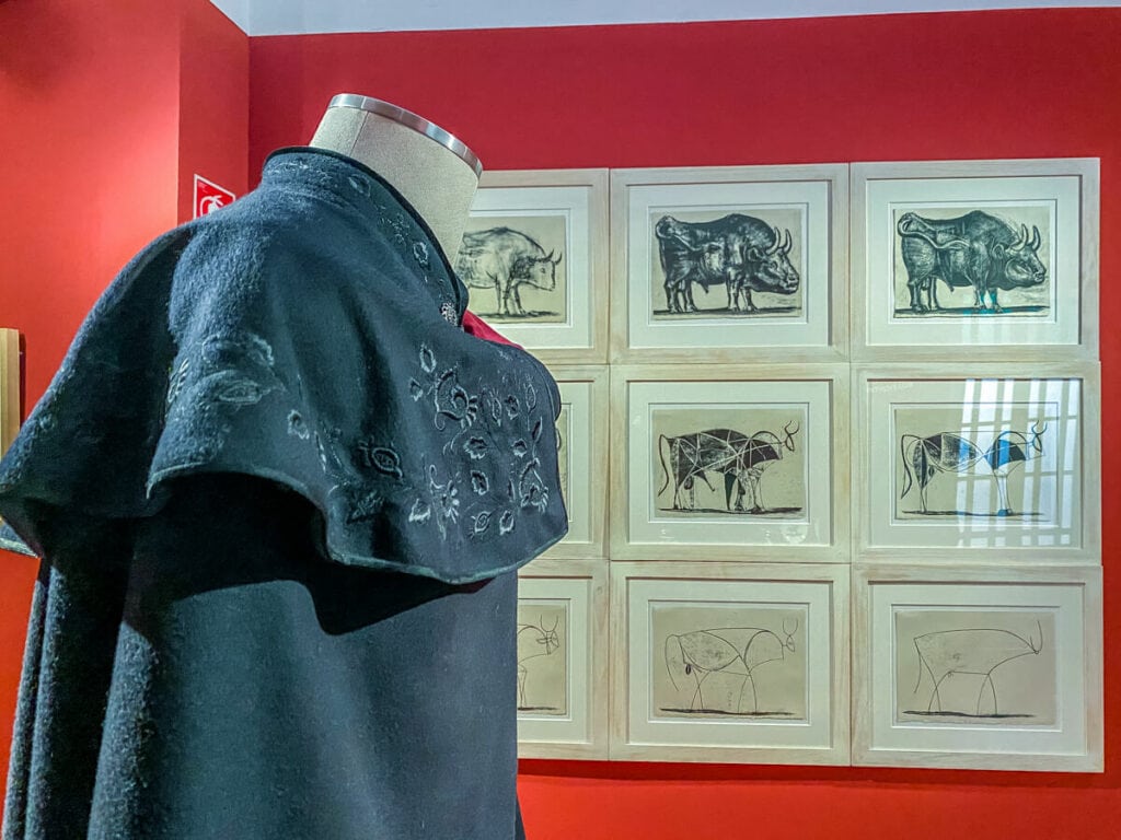 view of matador's cape and Picasso's sketches of bulls