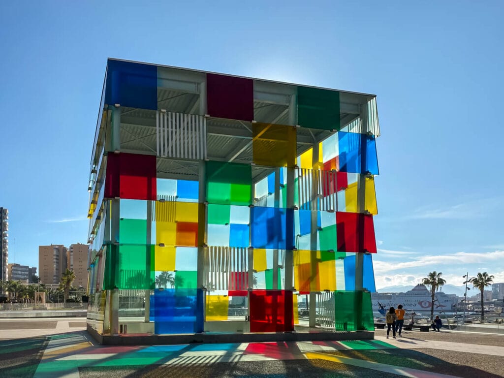 the colorful cube which houses the pompidou centre in Malaga