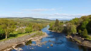 Pitlochry Scotland UK view of River Tummel in Perth and Kinross a popular tourist destination in summer