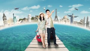 animated photo of couple with luggage ready to travel with ocean and city skyline behind them